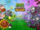 Ilustración colorida del enfrentamiento clásico entre plantas y zombis en Plants vs. Zombies: Replanted, con Dave el Loco sosteniendo una planta, girasoles sonrientes y zombis avanzando desde el lado derecho en un campo verde dividido por la luz del día y la noche