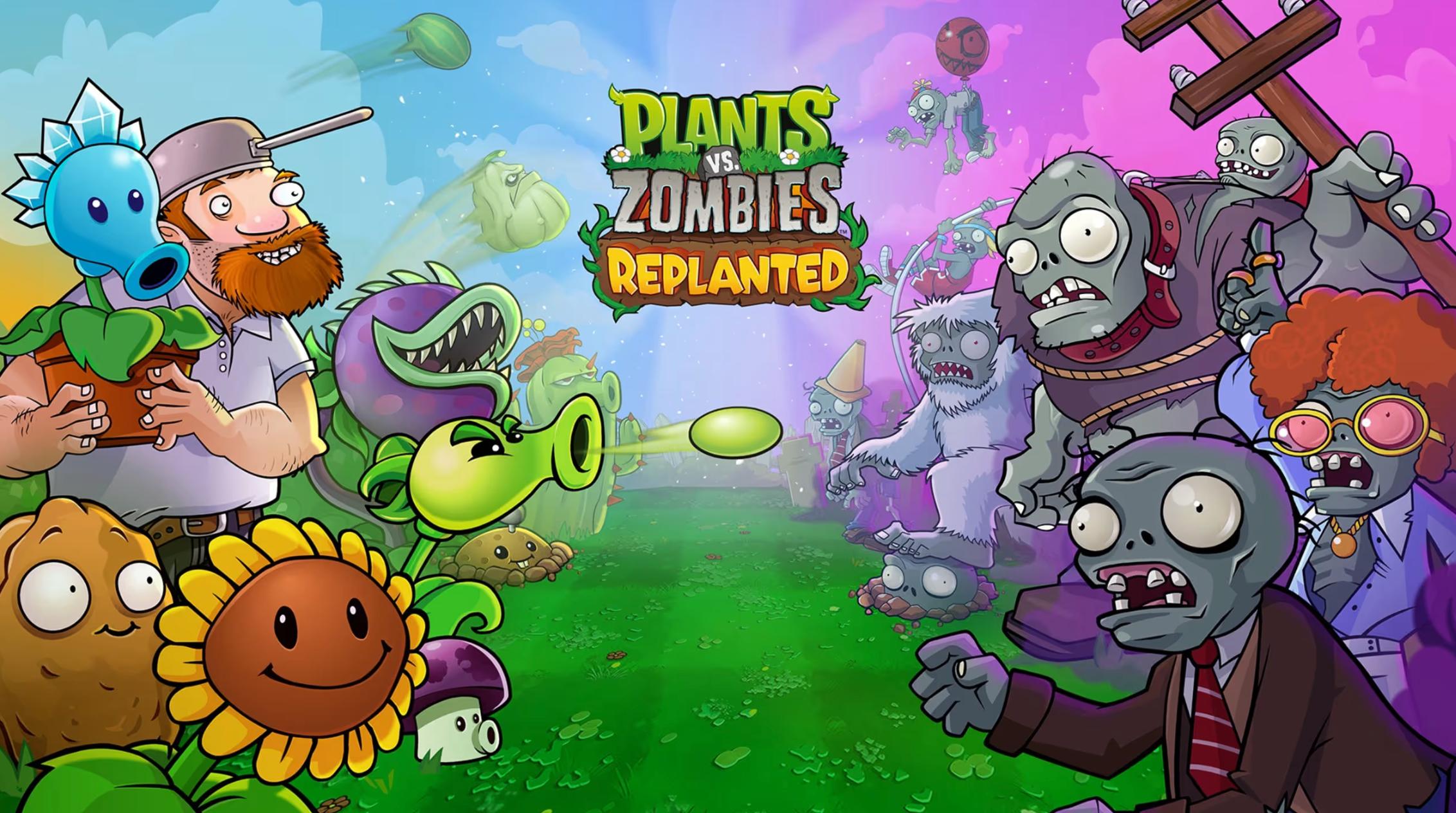 Ilustración colorida del enfrentamiento clásico entre plantas y zombis en Plants vs. Zombies: Replanted, con Dave el Loco sosteniendo una planta, girasoles sonrientes y zombis avanzando desde el lado derecho en un campo verde dividido por la luz del día y la noche