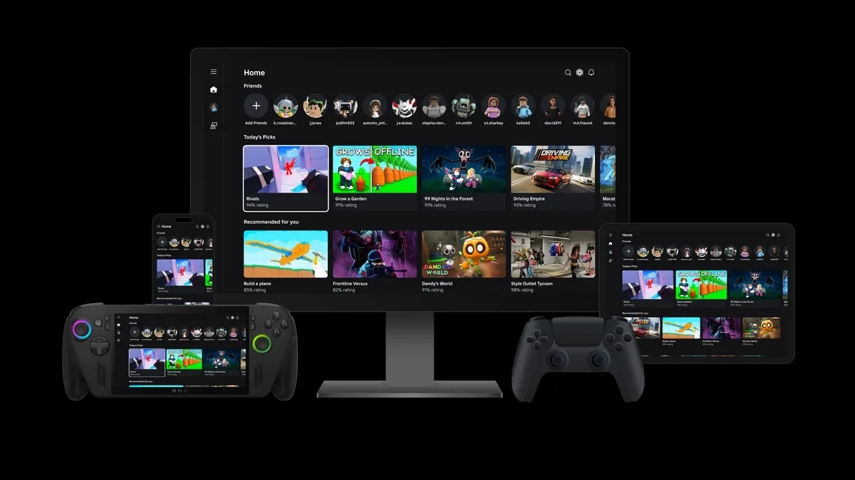 Interfaz de Roblox mostrada en varios dispositivos, incluyendo una consola portátil Xbox Ally, un teléfono, una tableta y una pantalla de PC, representando la expansión de Roblox en Samsung y Xbox Ally