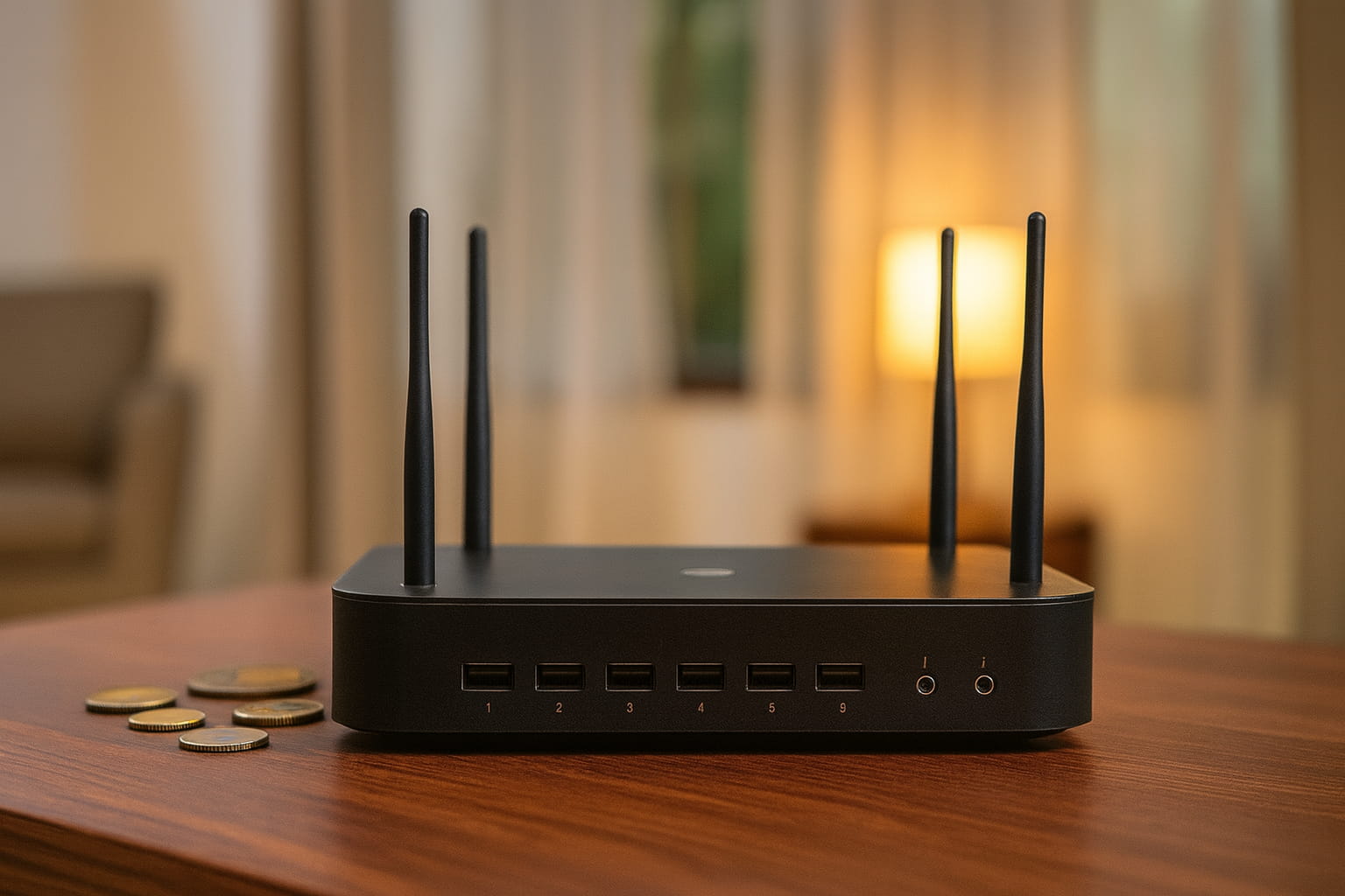 Router inalámbrico moderno sobre una mesa de madera con monedas al costado, representando los cobros por reconexión en servicios de telecomunicaciones