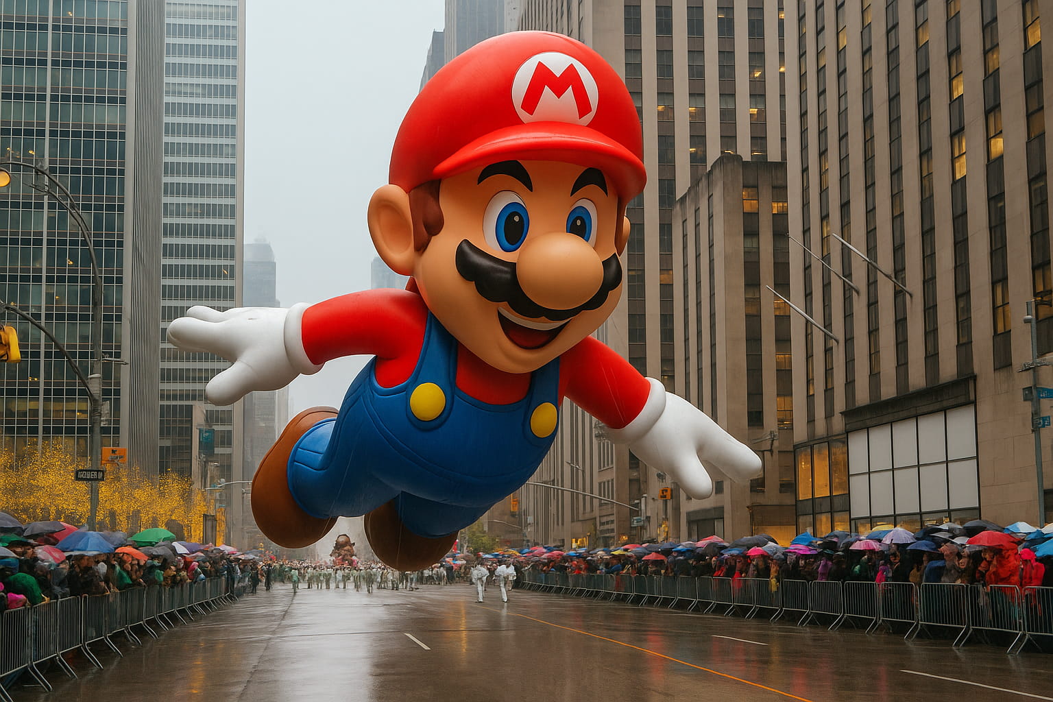 Montaje que muestra a Mario en el Desfile de Acción de Gracias de Macy’s, flotando como un globo gigante sobre Manhattan por el 40 aniversario de Super Mario Bros.