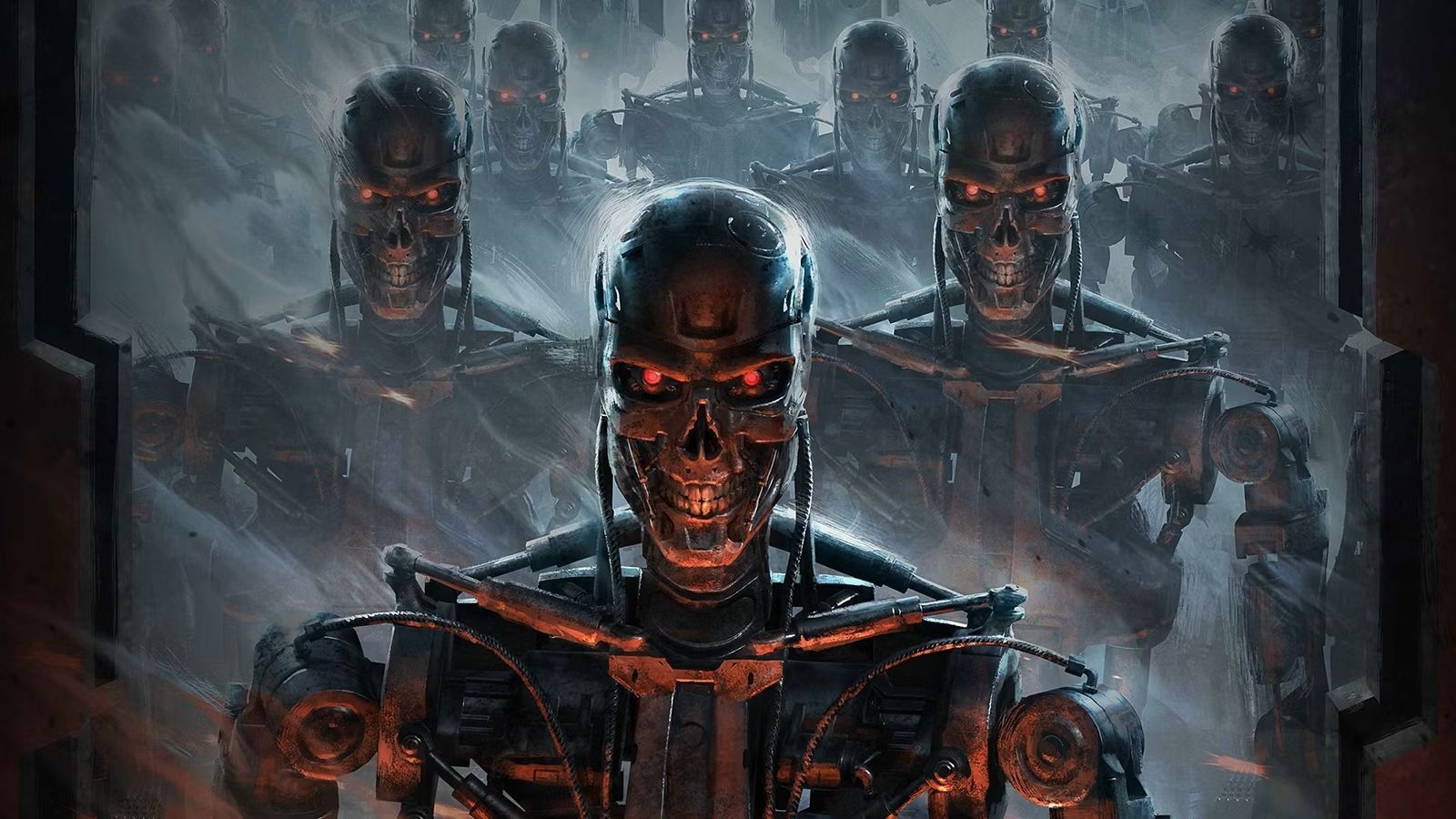 Ilustración de robots humanoides metálicos con ojos rojos avanzando en formación, representando el temor a perder el control sobre la inteligencia artificial y la idea de prohibir la super inteligencia artificial