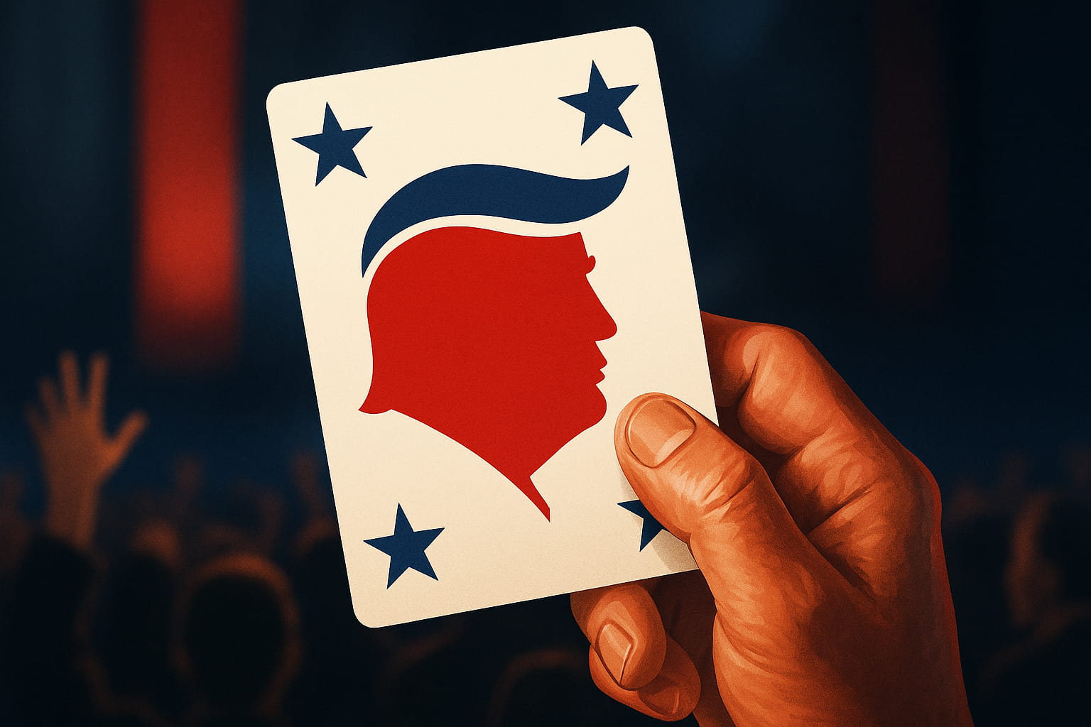 Carta simbólica representando el poder político y el Nuclear option de Trump, sostenida frente a una multitud