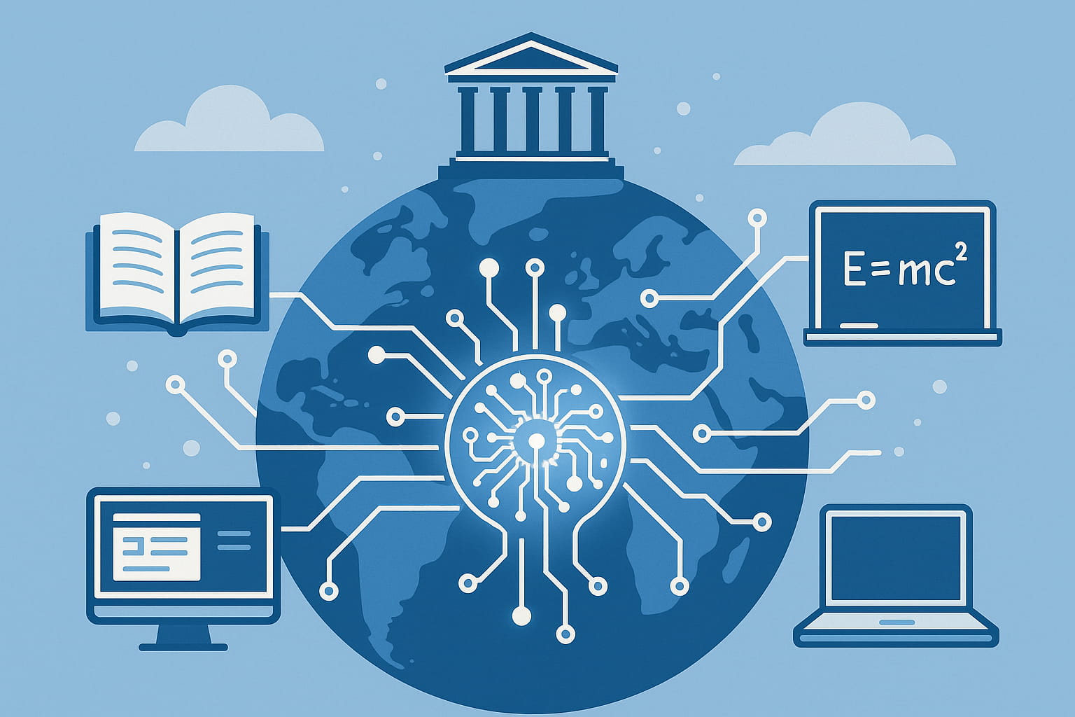 Ilustración simbólica de la ética de la inteligencia artificial en la educación, con un globo conectado por circuitos y el edificio de la UNESCO representando la enseñanza global