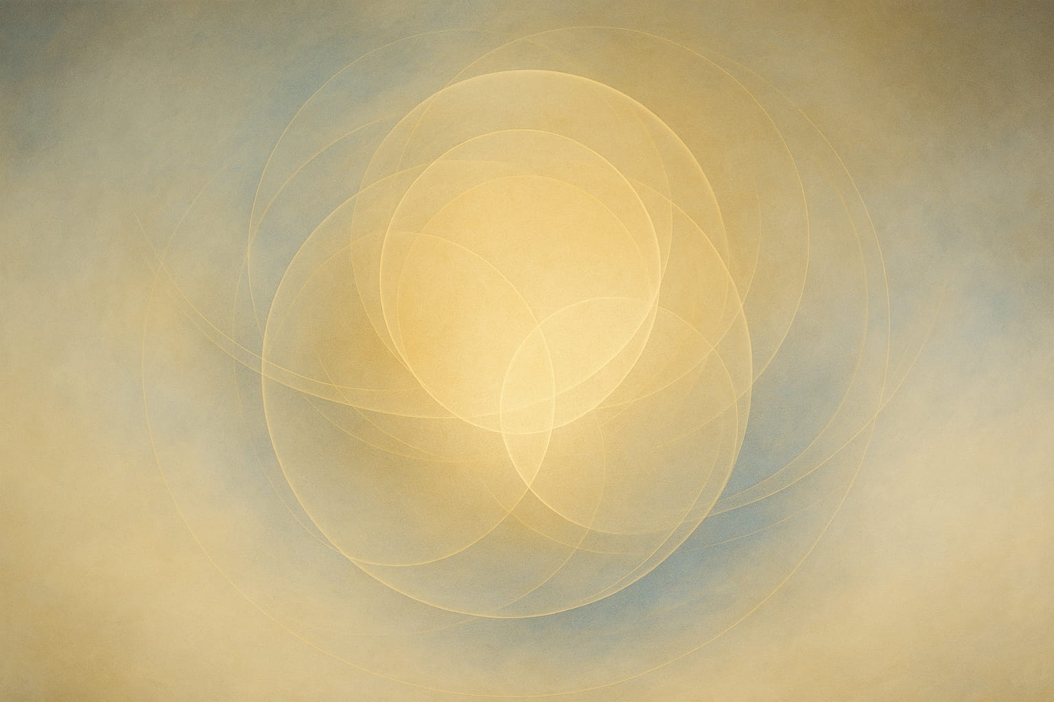 Arte digital abstracto con círculos superpuestos en tonos dorados y azules, representando de forma simbólica el flujo continuo y la reencarnación del Samsara para personas con discapacidad visual