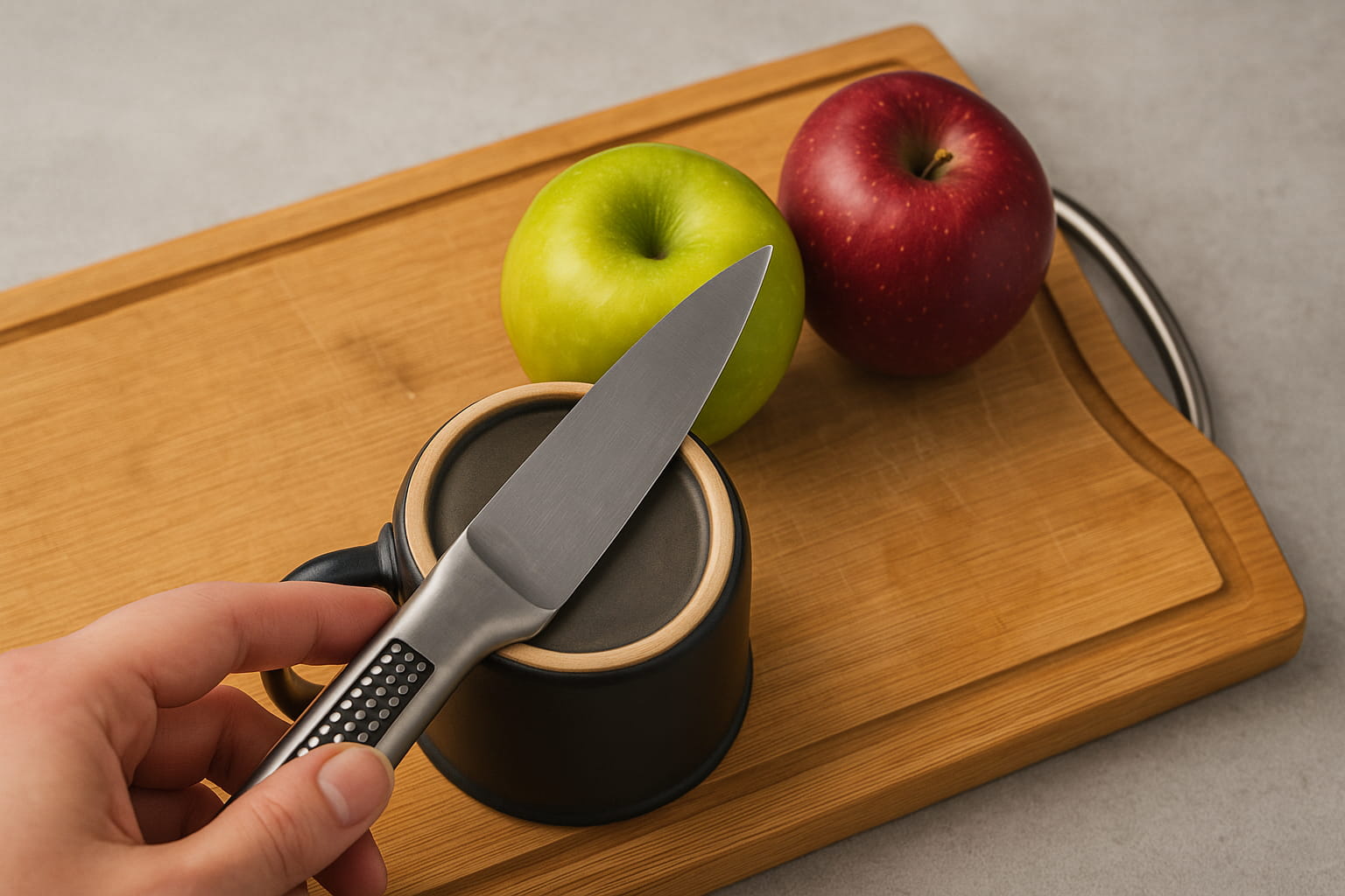 Persona demostrando trucos caseros para afilar cuchillos, pasando la hoja sobre la base sin esmaltar de una taza de cerámica, sobre una tabla de madera clara junto a dos manzanas