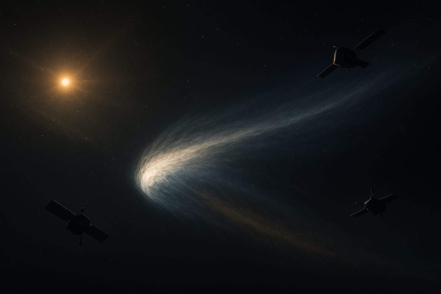 La ilustración muestra una escena espacial oscura y realista en la que destaca el cometa interestelar 3I/ATLAS, con un núcleo brillante y una larga y difusa cola de polvo iluminada por el Sol. El Sol aparece en la esquina superior izquierda, emitiendo un resplandor cálido que contrasta con los tonos fríos del cometa. En distintos puntos del encuadre hay tres naves espaciales con paneles solares extendidos, observando y siguiendo al cometa desde diferentes ángulos. El fondo es un espacio profundo lleno de estrellas, lo que refuerza la sensación de vastedad y movimiento silencioso en el vacío.