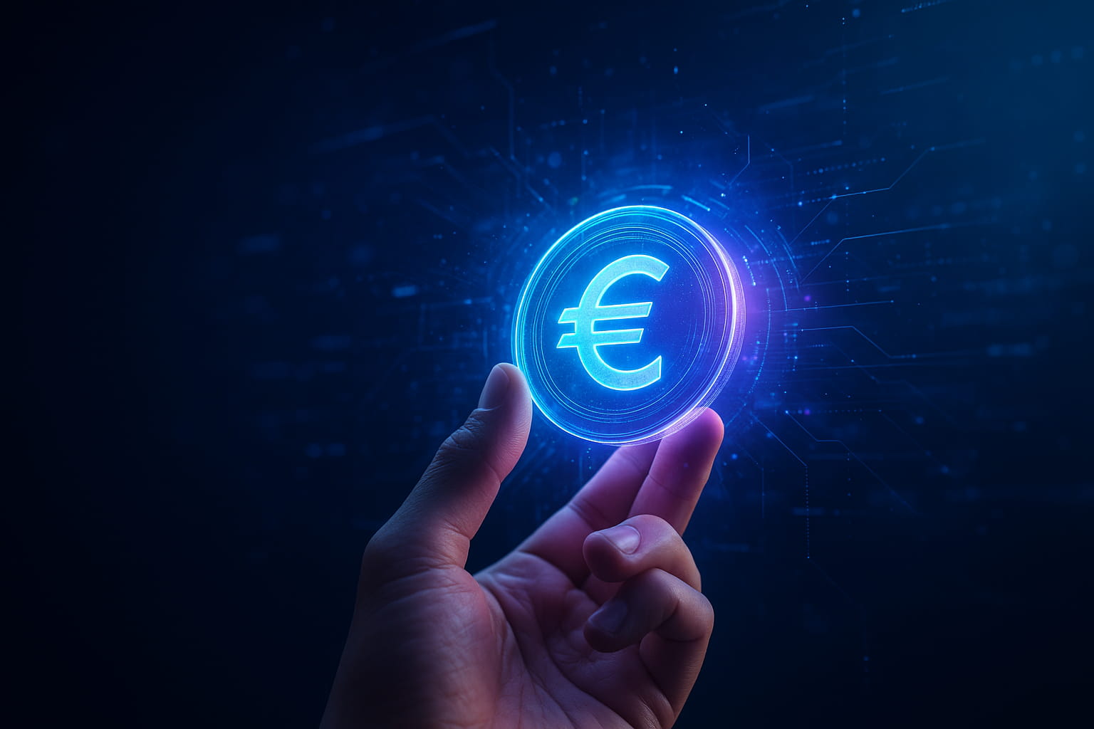 mano humana sosteniendo una moneda holográfica con el símbolo del euro rodeada de luces digitales, representando la privacidad del euro digital y el avance hacia una nueva forma de dinero electrónico en Europa