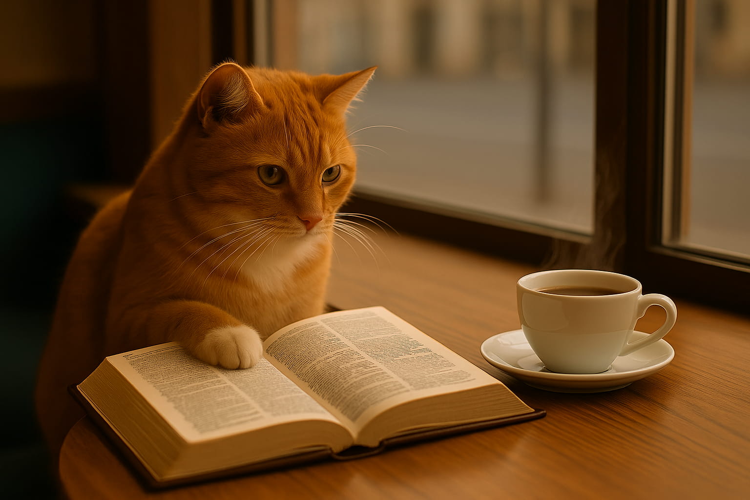 Un gato naranja observa atentamente un diccionario abierto sobre una mesa de madera junto a una taza de café humeante, representando la curiosidad por las palabras raras del español