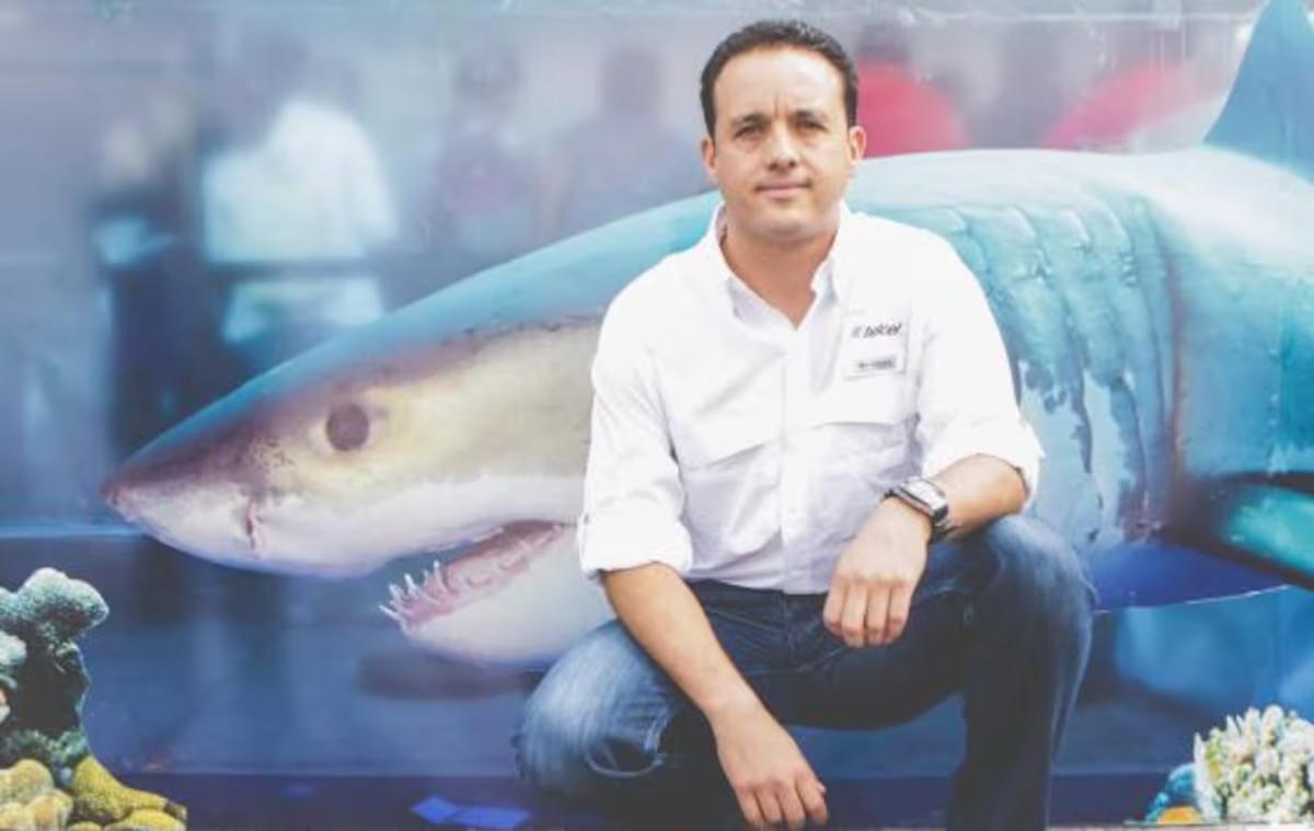 El biólogo marino Mauricio Hoyos Padilla, conocido por sobrevivir tras ser mordido en la cabeza por un tiburón, posa frente a una imagen de la especie en una fotografía de archivo