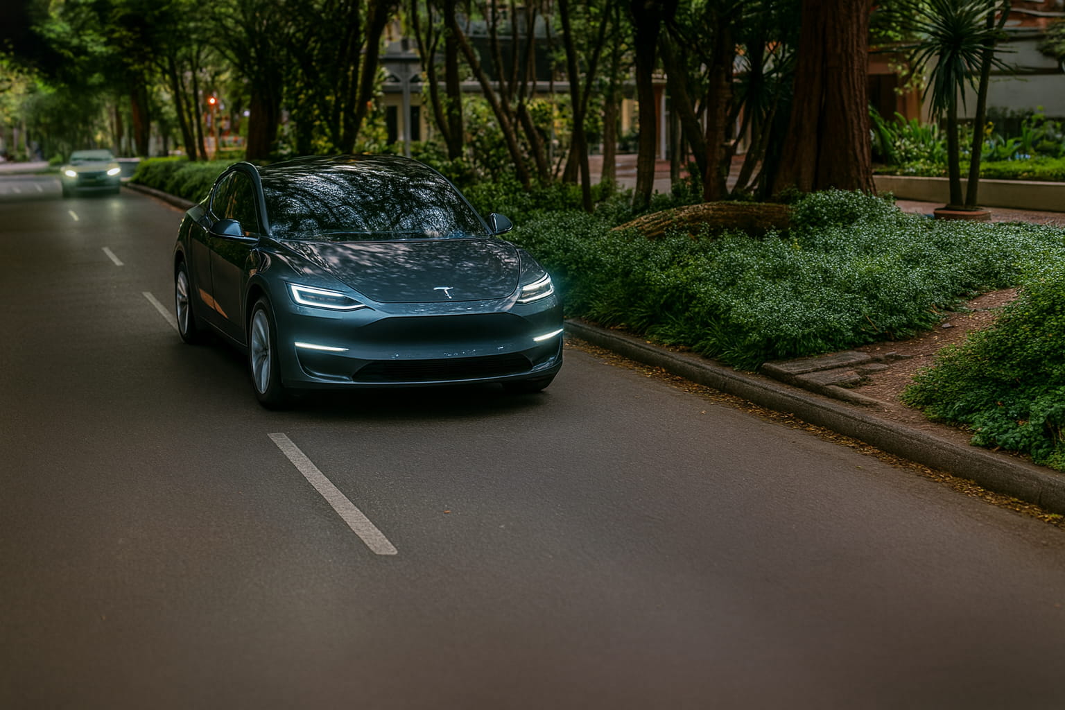 Un Tesla circula por una avenida de Bogotá rodeada de árboles en una zona residencial, con luces encendidas y ambiente cálido, ilustrando cómo Tesla llega a Colombia en un entorno urbano natural