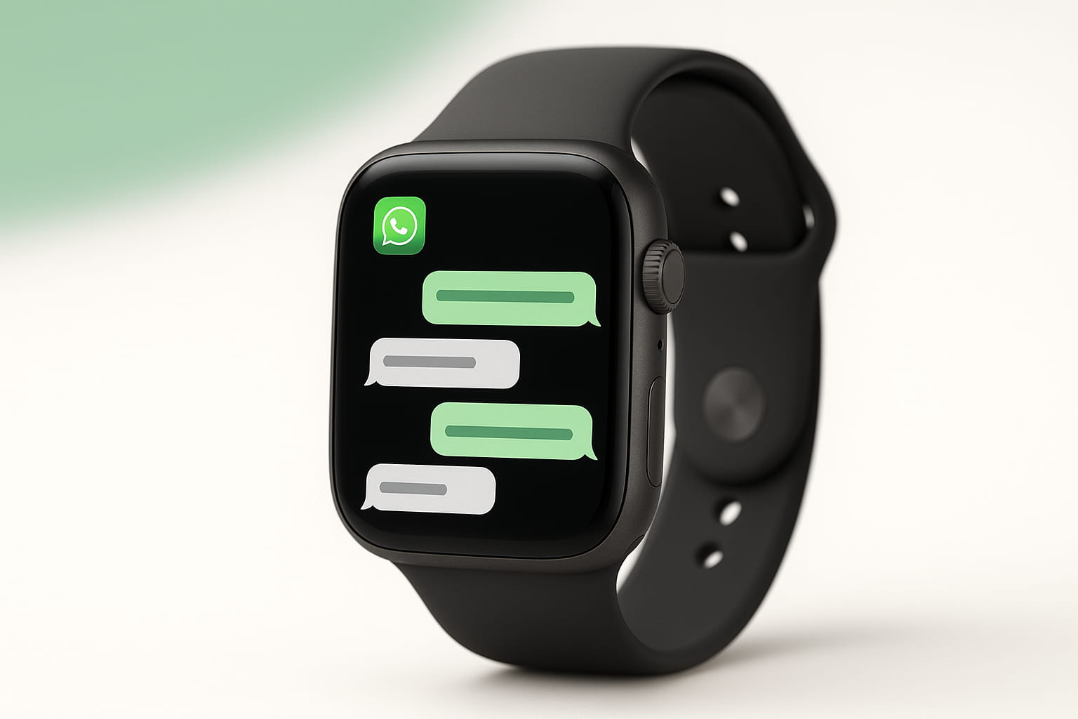 Vista realista de un Apple Watch con la nueva interfaz de WhatsApp para Apple Watch mostrando mensajes en pantalla, sobre un fondo claro y moderno