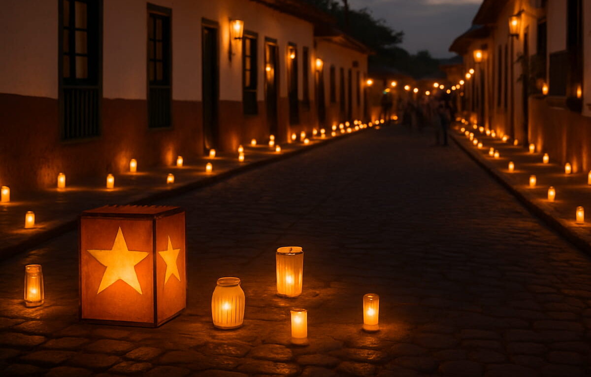 Una calle colonial colombiana iluminada al anochecer con velas y faroles durante el Día de las Velitas, mostrando una fila de luces cálidas a lo largo de las fachadas y un ambiente festivo y tradicional