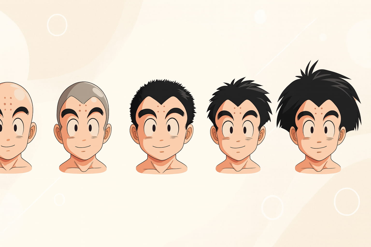 Secuencia ilustrada en estilo anime que muestra a Krilin pasando de estar completamente calvo a tener abundante cabello, con cinco etapas de crecimiento capilar sobre un fondo abstracto claro; imagen usada para explicar la evolución de un tratamiento para la alopecia masculina