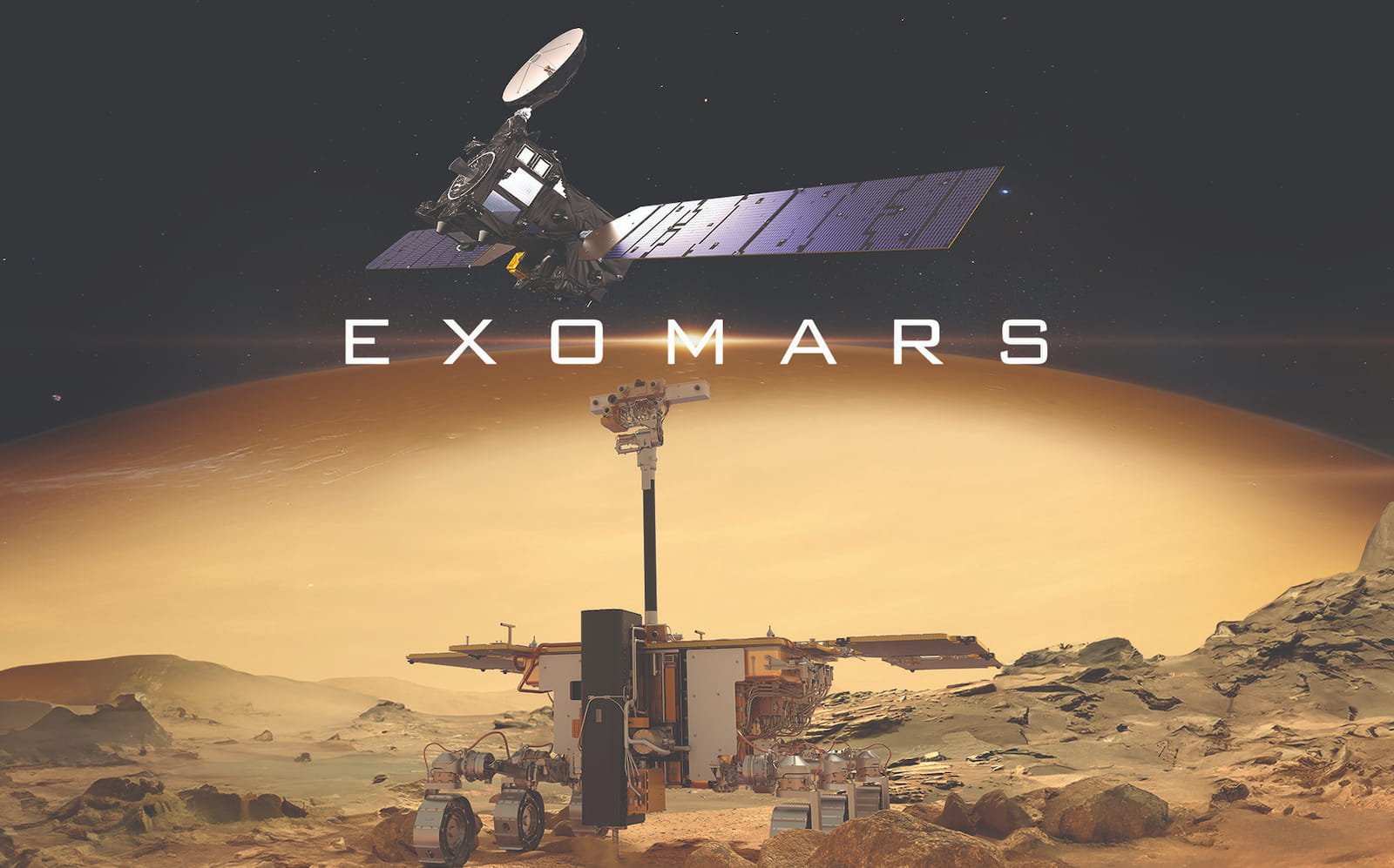Ilustración de la misión ExoMars con un rover europeo sobre la superficie de Marte y una nave orbitadora en el cielo marciano, simbolizando el avance científico de Europa en la exploración del planeta rojo