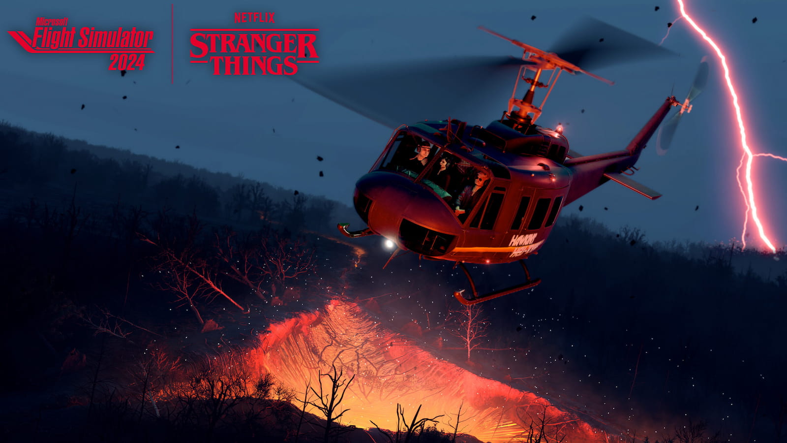 Helicóptero Huey volando sobre una grieta ardiente iluminada por lava durante una tormenta eléctrica, con personajes observando el terreno desde la cabina, en una escena de Stranger Things en Flight Simulator