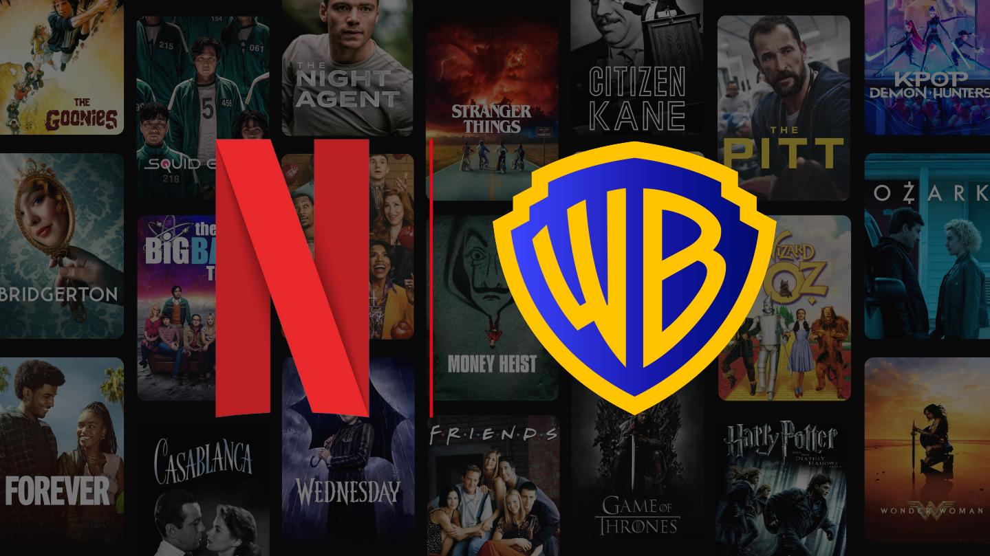 Logos de Netflix y Warner Bros sobre un fondo de series y películas emblemáticas, ilustrando la continuidad independiente entre Netflix y HBO tras la adquisición