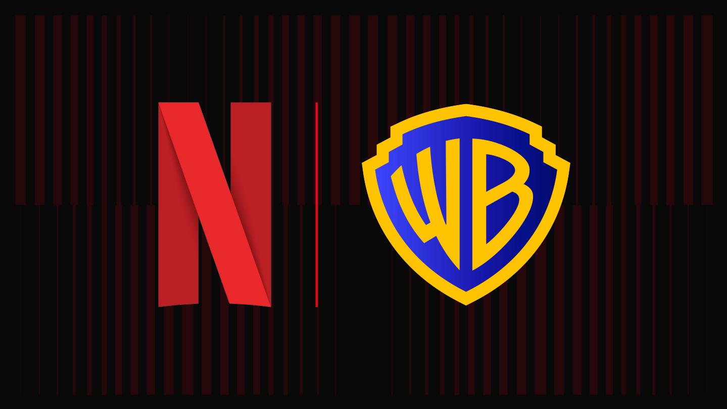 Logos de Netflix y Warner Bros sobre un fondo oscuro, representando la adquisición corporativa en la que Netflix compró Warner Bros