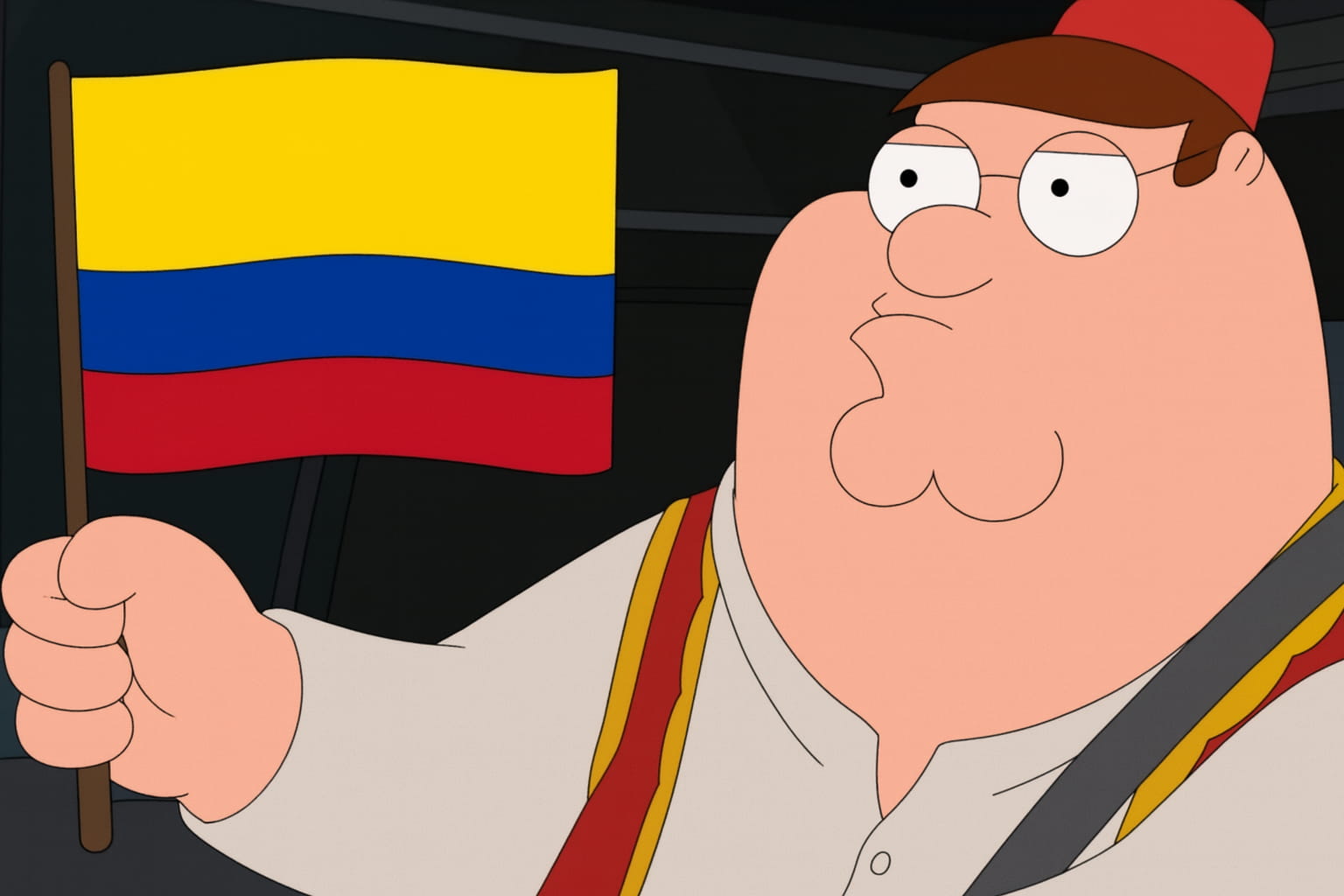 Ilustración de peter griffin donde una mano sostiene la bandera de Colombia, con los colores amarillo, azul y rojo visibles, como símbolo de identidad y diversidad en el país
