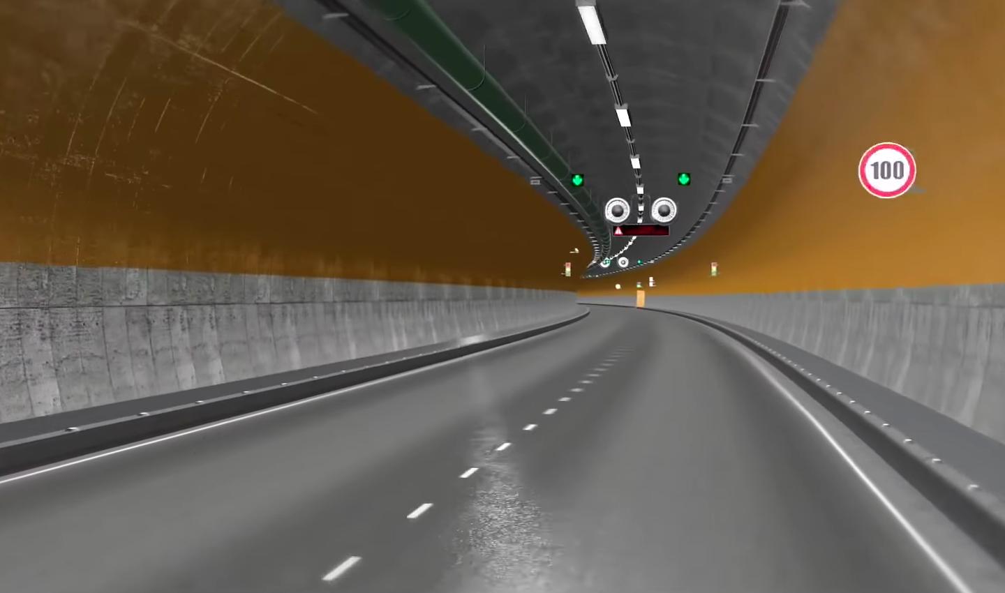 Render oficial que muestra el interior del proyecto del túnel Agua Negra, con carriles iluminados y señalización vial, representando cómo sería el tránsito dentro de el túnel más largo de América